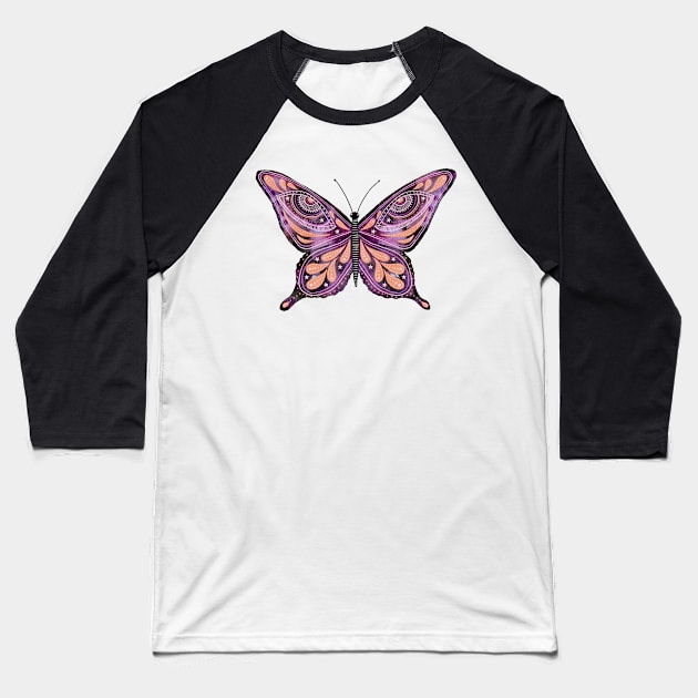 Spooky Watercolor Butterfly in Orange and Purple Baseball T-Shirt by dragonstarart